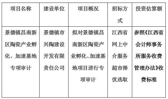 景德鎮(zhèn)市興陶建設(shè)開(kāi)發(fā)有限責(zé)任公司加速基地及孵化基地專(zhuān)項(xiàng)審計(jì)項(xiàng)目計(jì)劃公告