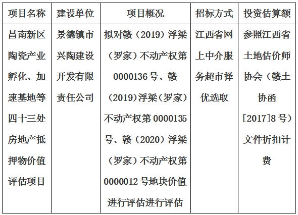 昌南新區(qū)陶瓷產(chǎn)業(yè)孵化、加速基地等四十三處房地產(chǎn)抵押物價值評估單位選取計劃公告