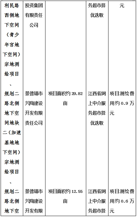 景德鎮(zhèn)市昌南新區(qū)LJ1-03-A01-1地塊、瓷都大道東側(cè)中渡口地下空間（格蘭云天大酒店地下空間）、光明大道北側(cè)利民路西側(cè)地下空間（青少年宮地下空間）、規(guī)劃二路北側(cè)地下空間地塊二（加速基地地下空間）、規(guī)劃二路北側(cè)地下空間地塊一（加速基地地下空間）、景德大道南側(cè)天寶橋西側(cè)地塊、景興大道東側(cè)如意路北側(cè)地下空間(社會公共服務(wù)